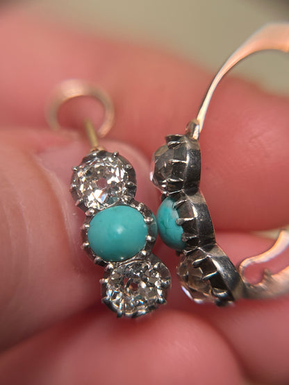 Georgian Collet Poissarde Hoop Earrings with Old Mine Cut Diamonds and Turquoise