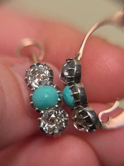 Georgian Collet Poissarde Hoop Earrings with Old Mine Cut Diamonds and Turquoise