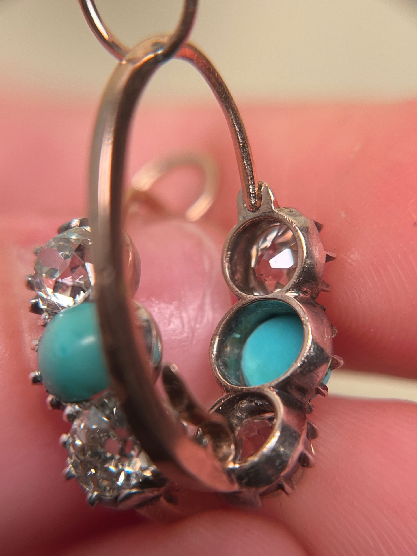 Georgian Collet Poissarde Hoop Earrings with Old Mine Cut Diamonds and Turquoise