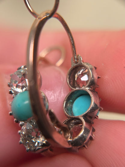 Georgian Collet Poissarde Hoop Earrings with Old Mine Cut Diamonds and Turquoise