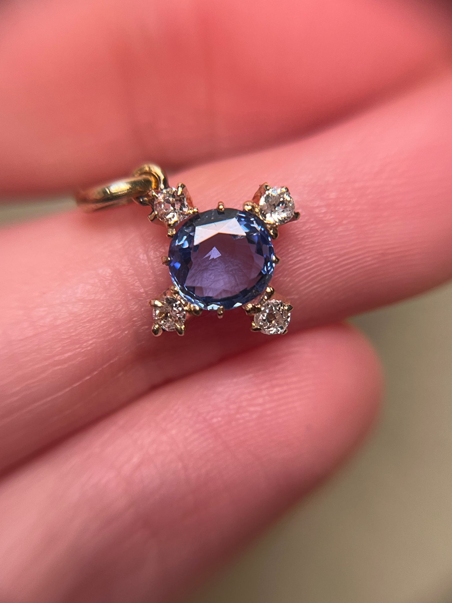 Antique Sapphire and Old Mine Cut Diamond Quatrefoil/Cruciform Charm