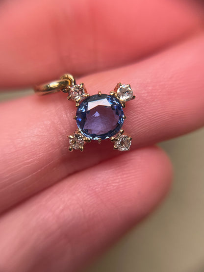 Antique Sapphire and Old Mine Cut Diamond Quatrefoil/Cruciform Charm