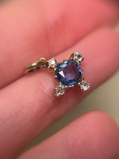 Antique Sapphire and Old Mine Cut Diamond Quatrefoil/Cruciform Charm