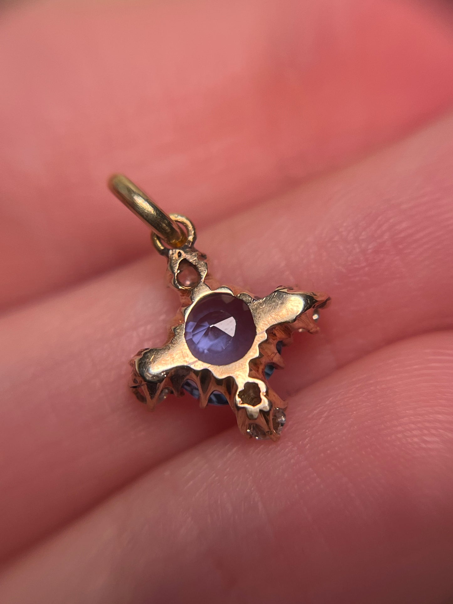 Antique Sapphire and Old Mine Cut Diamond Quatrefoil/Cruciform Charm
