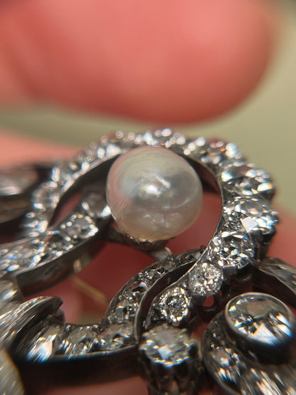 GIA Antique French Victorian Diamond and Natural Pearl Tiara Component Brooch