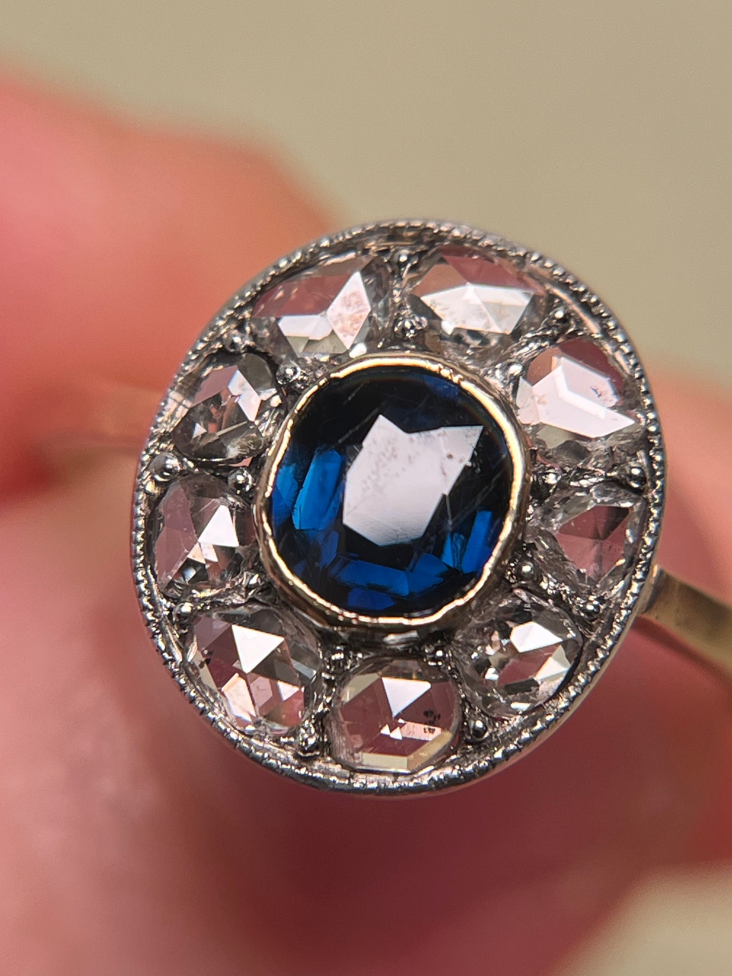 Edwardian Rose Cut Diamond and Sapphire Target Ring