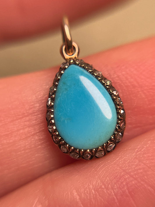 Victorian Turquoise and Rose Cut Diamond Teardrop Charm