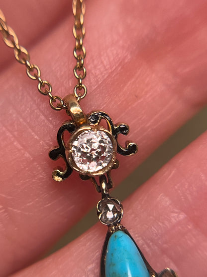Victorian Turquoise and Old Mine Cut Diamond Pendant with Black Enamel and Natural Pearl on Gold Filled Chain