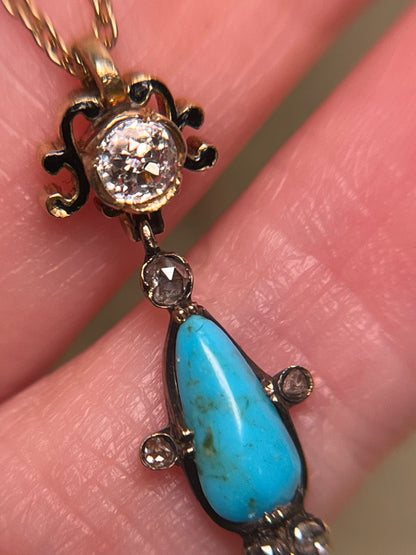 Victorian Turquoise and Old Mine Cut Diamond Pendant with Black Enamel and Natural Pearl on Gold Filled Chain
