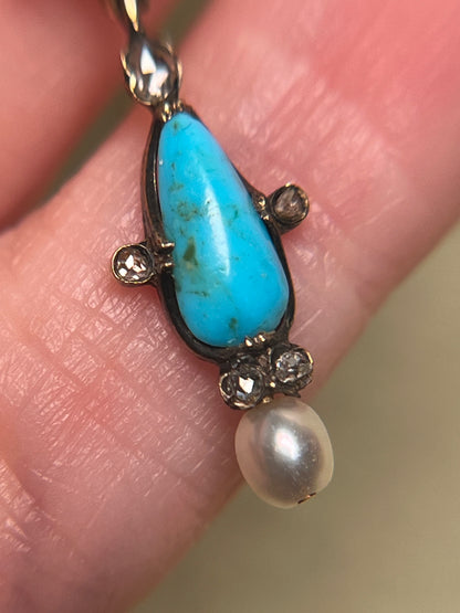 Victorian Turquoise and Old Mine Cut Diamond Pendant with Black Enamel and Natural Pearl on Gold Filled Chain