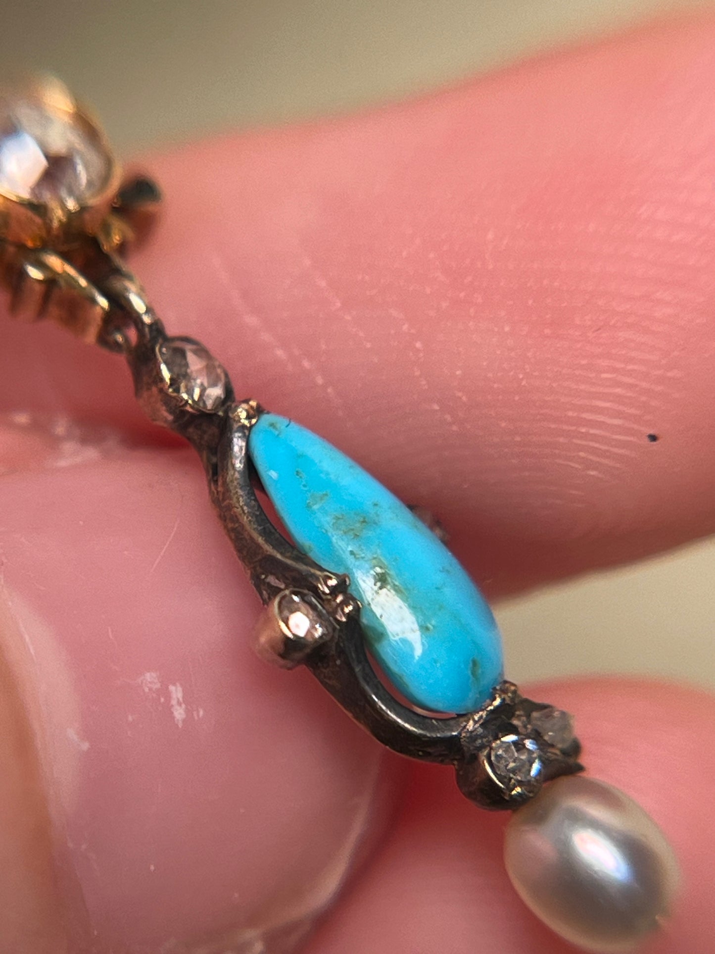 Victorian Turquoise and Old Mine Cut Diamond Pendant with Black Enamel and Natural Pearl on Gold Filled Chain