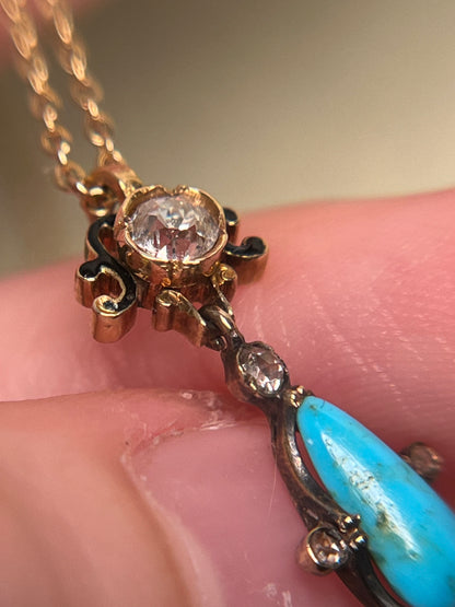 Victorian Turquoise and Old Mine Cut Diamond Pendant with Black Enamel and Natural Pearl on Gold Filled Chain