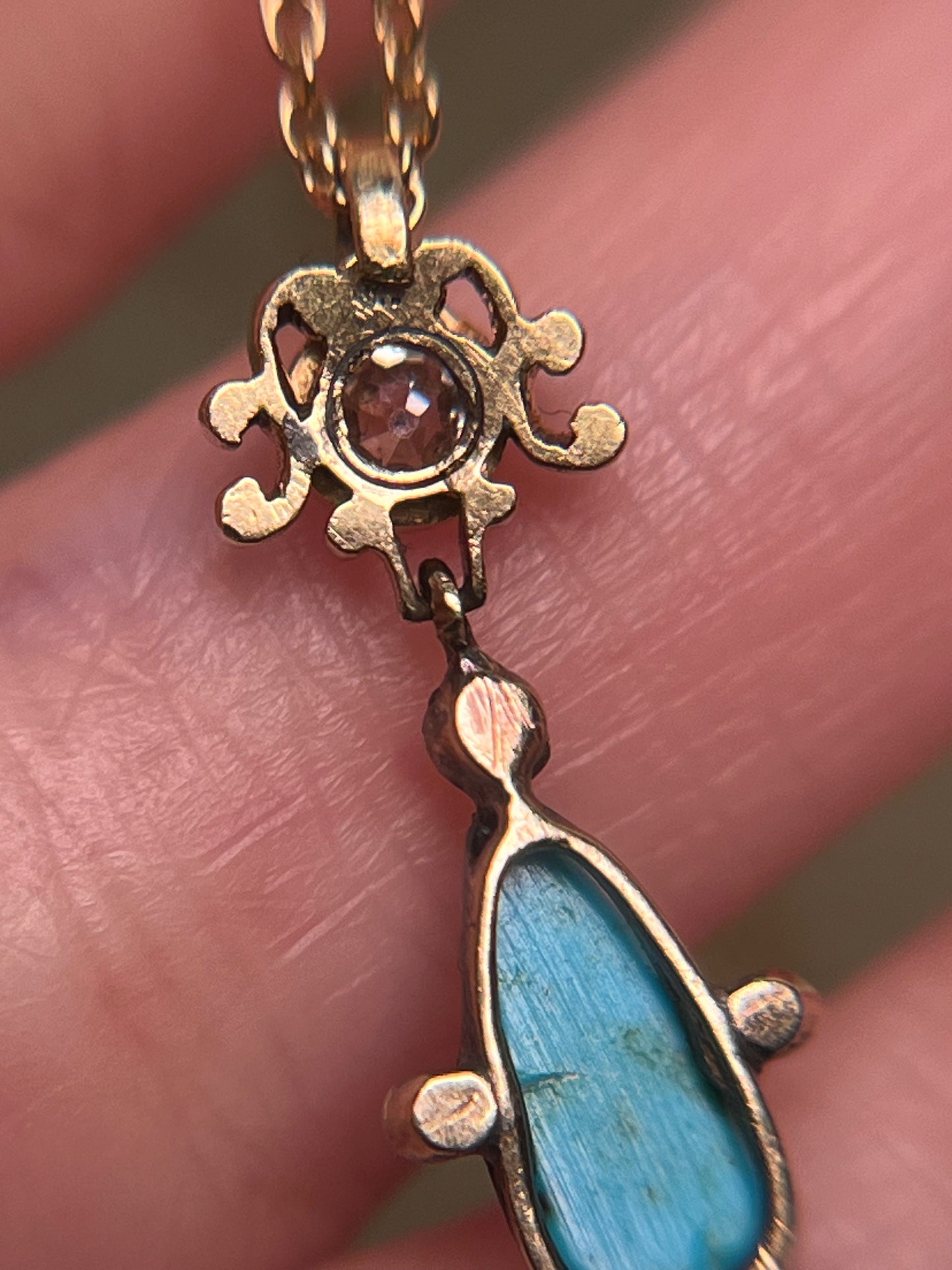 Victorian Turquoise and Old Mine Cut Diamond Pendant with Black Enamel and Natural Pearl on Gold Filled Chain