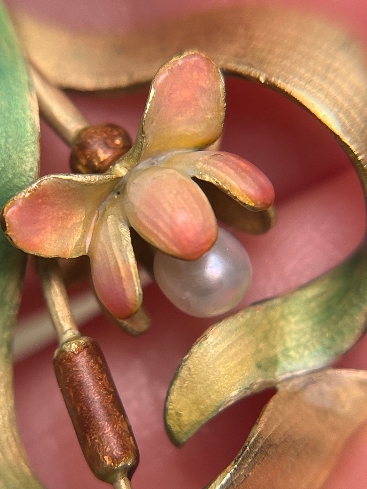 18K French Art Nouveau Lotus Pendant, Translucent Enamel and Natural Pearl
