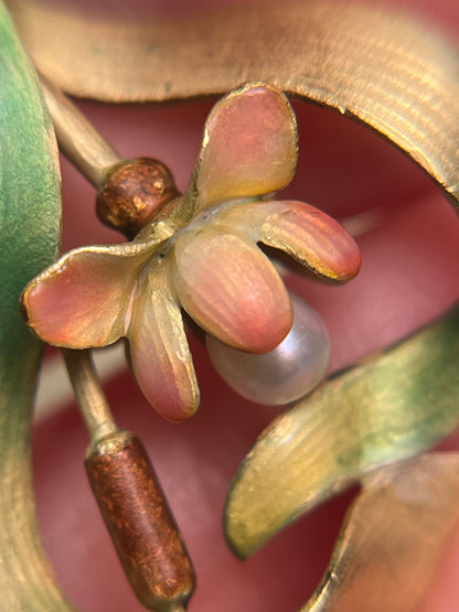 18K French Art Nouveau Lotus Pendant, Translucent Enamel and Natural Pearl