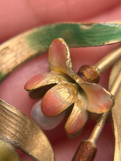 18K French Art Nouveau Lotus Pendant, Translucent Enamel and Natural Pearl