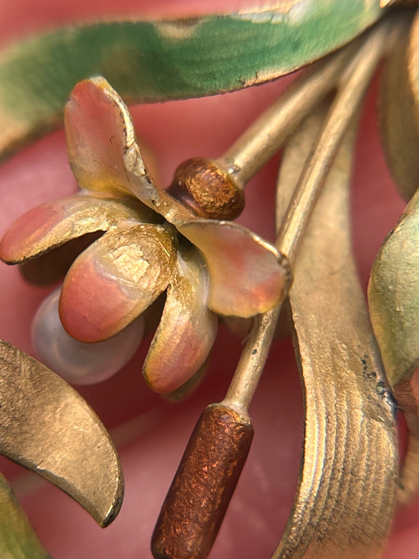 18K French Art Nouveau Lotus Pendant, Translucent Enamel and Natural Pearl