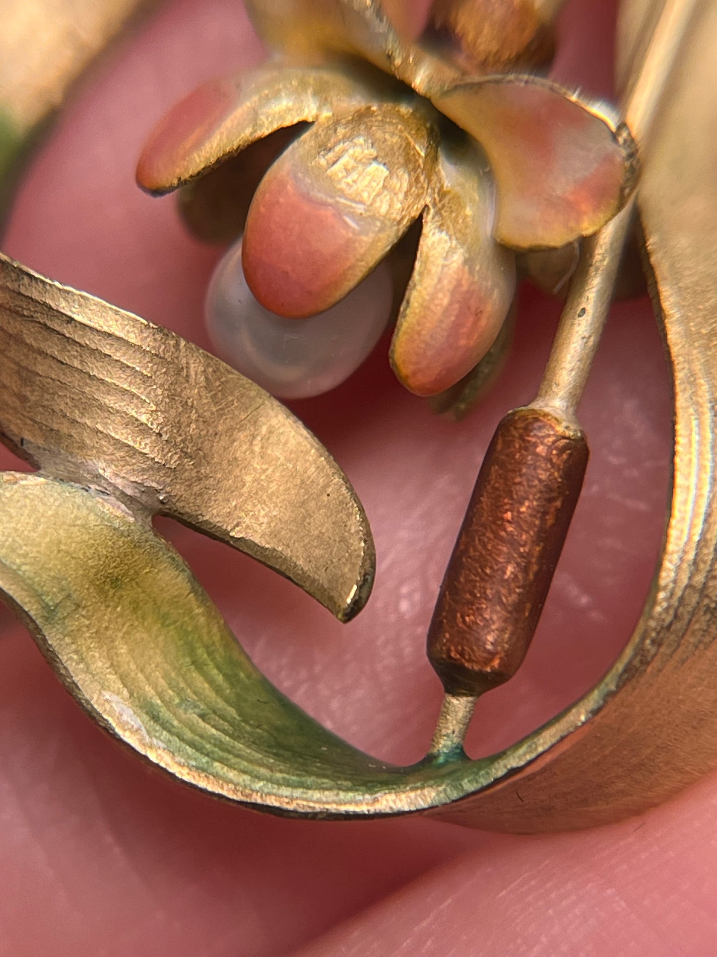 18K French Art Nouveau Lotus Pendant, Translucent Enamel and Natural Pearl