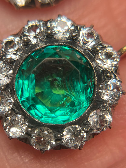 Vintage White Sapphire and Green Paste Cluster Earrings on 18K Wires * Chip
