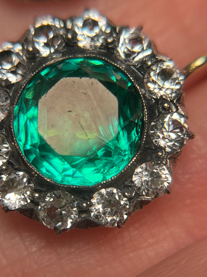 Vintage White Sapphire and Green Paste Cluster Earrings on 18K Wires * Chip