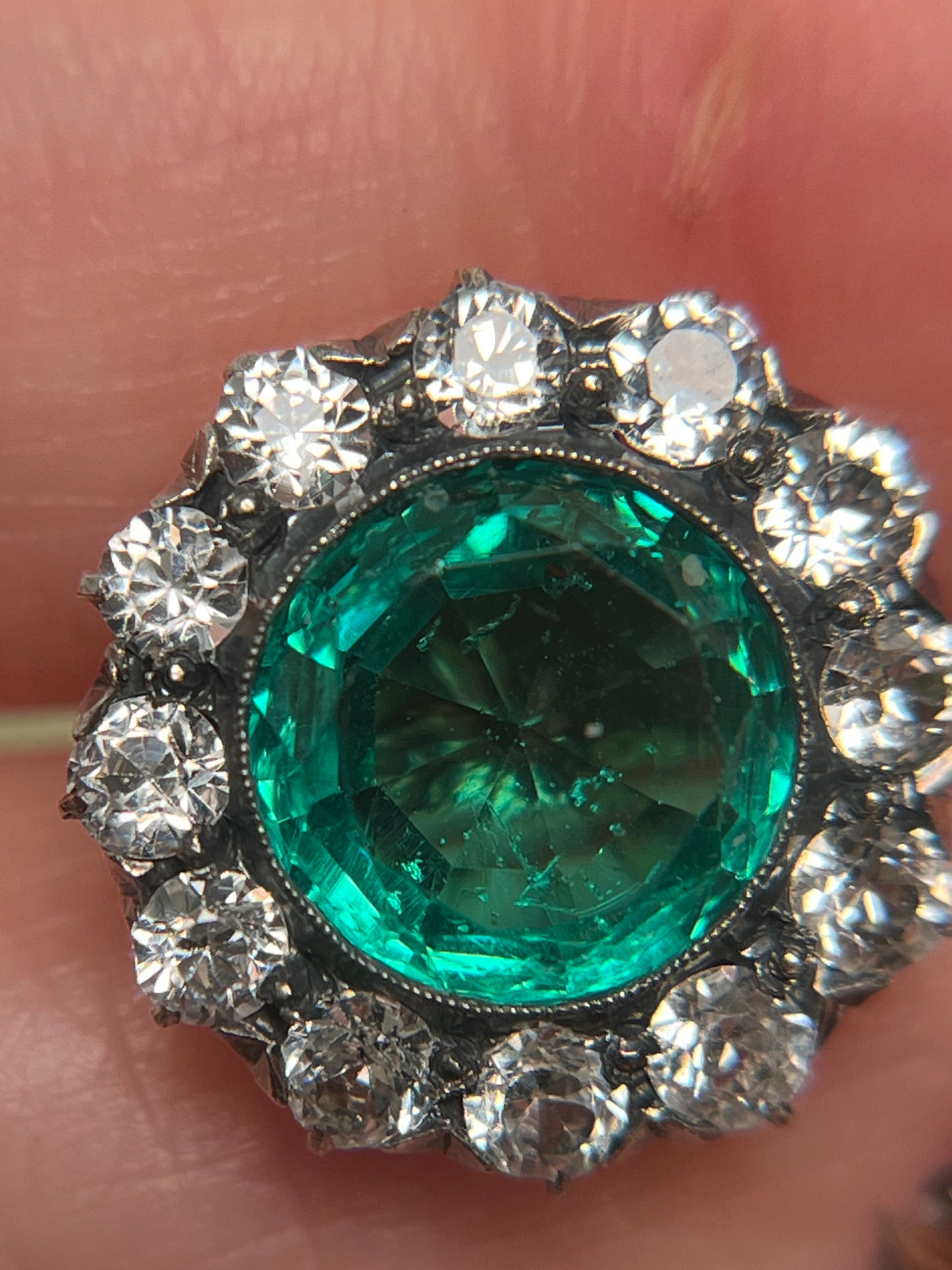 Vintage White Sapphire and Green Paste Cluster Earrings on 18K Wires * Chip