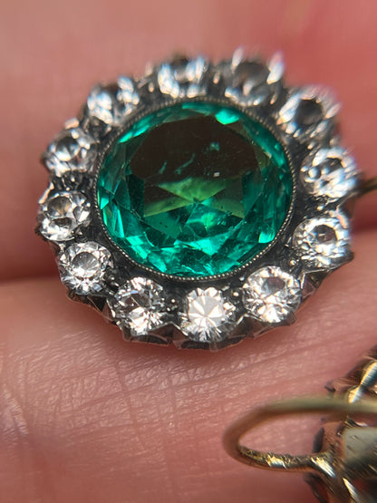 Vintage White Sapphire and Green Paste Cluster Earrings on 18K Wires * Chip
