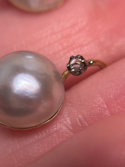 Antique Mabe Pearl and Rose Cut Diamond Drop Earrings