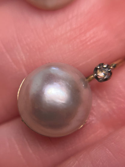 Antique Mabe Pearl and Rose Cut Diamond Drop Earrings