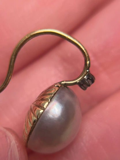 Antique Mabe Pearl and Rose Cut Diamond Drop Earrings