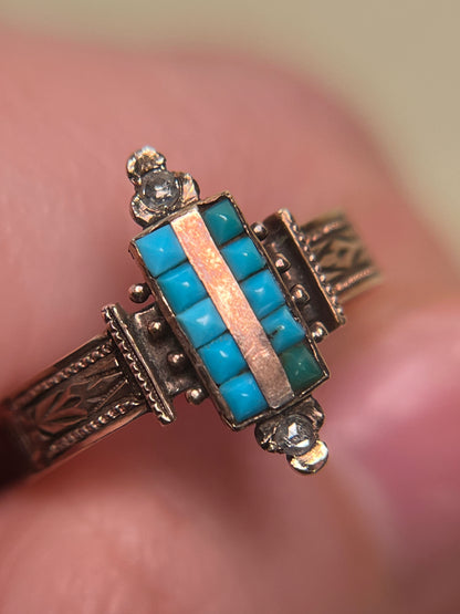 Victorian Turquoise and Rose Cut Diamond Ring in 10K Rosey Gold
