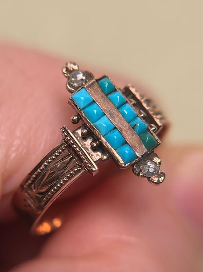 Victorian Turquoise and Rose Cut Diamond Ring in 10K Rosey Gold