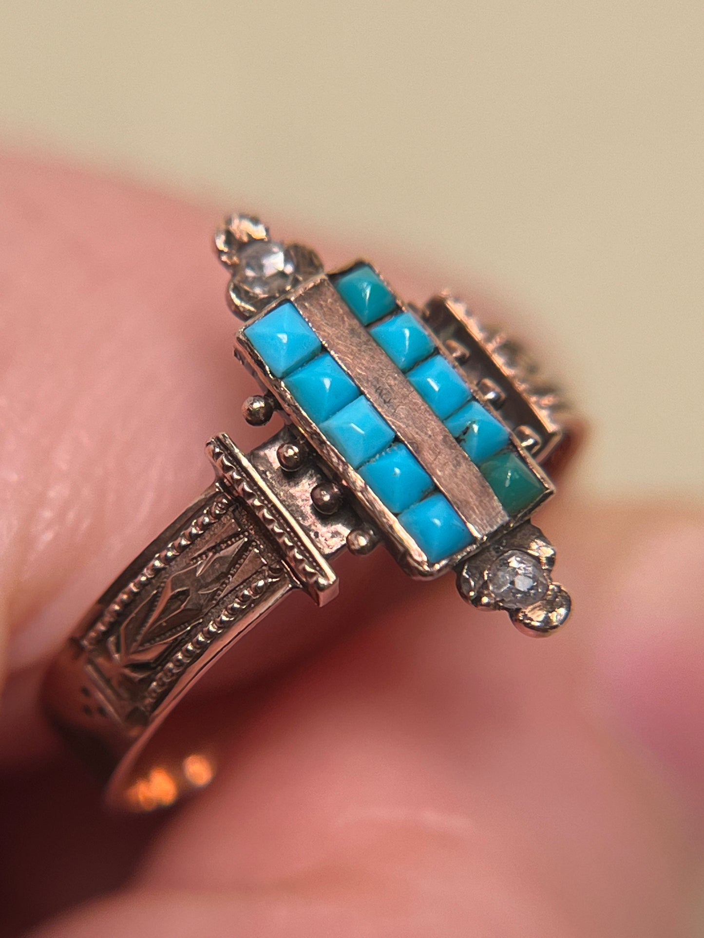 Victorian Turquoise and Rose Cut Diamond Ring in 10K Rosey Gold