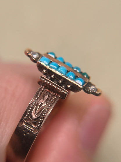 Victorian Turquoise and Rose Cut Diamond Ring in 10K Rosey Gold
