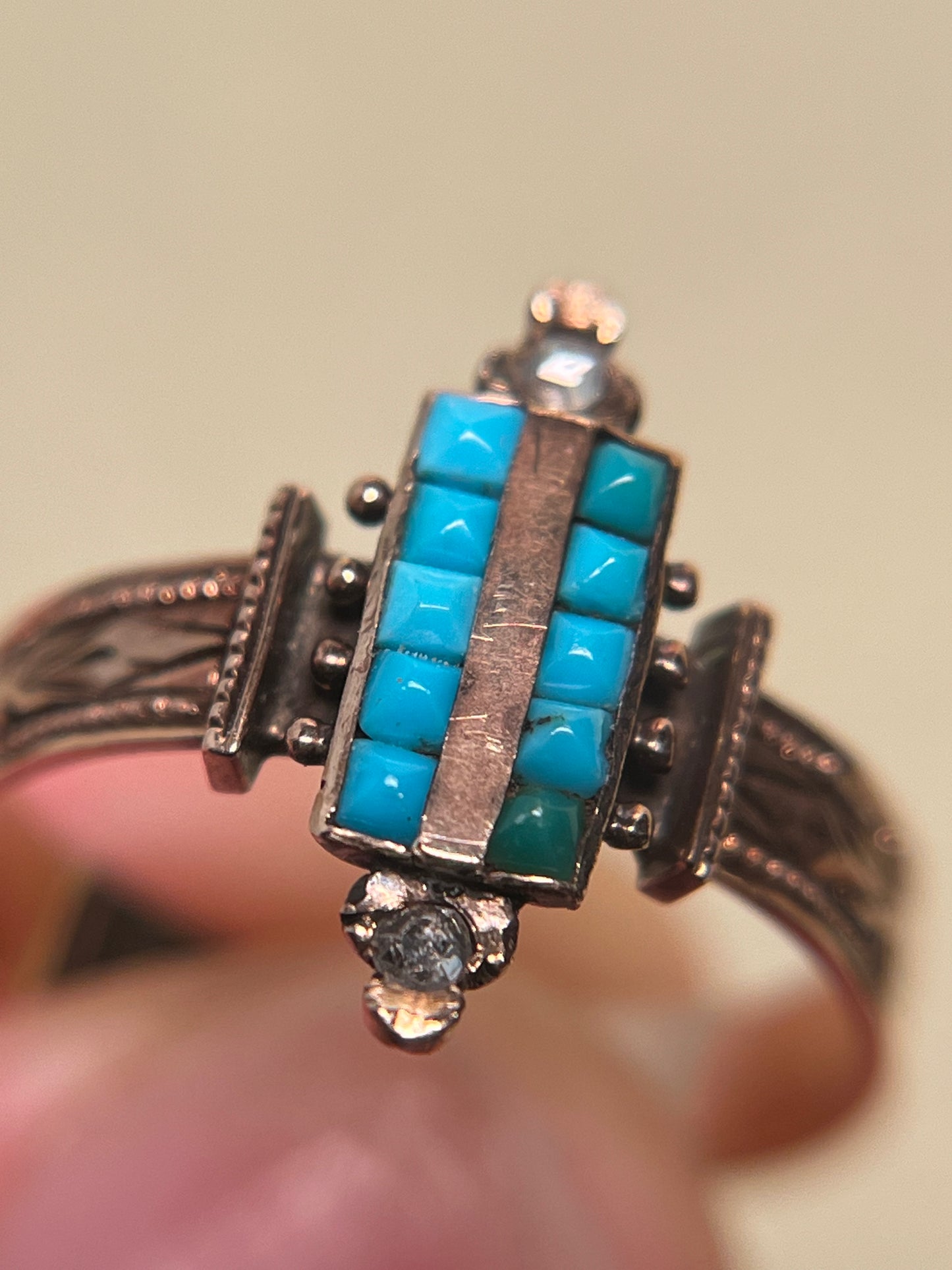 Victorian Turquoise and Rose Cut Diamond Ring in 10K Rosey Gold
