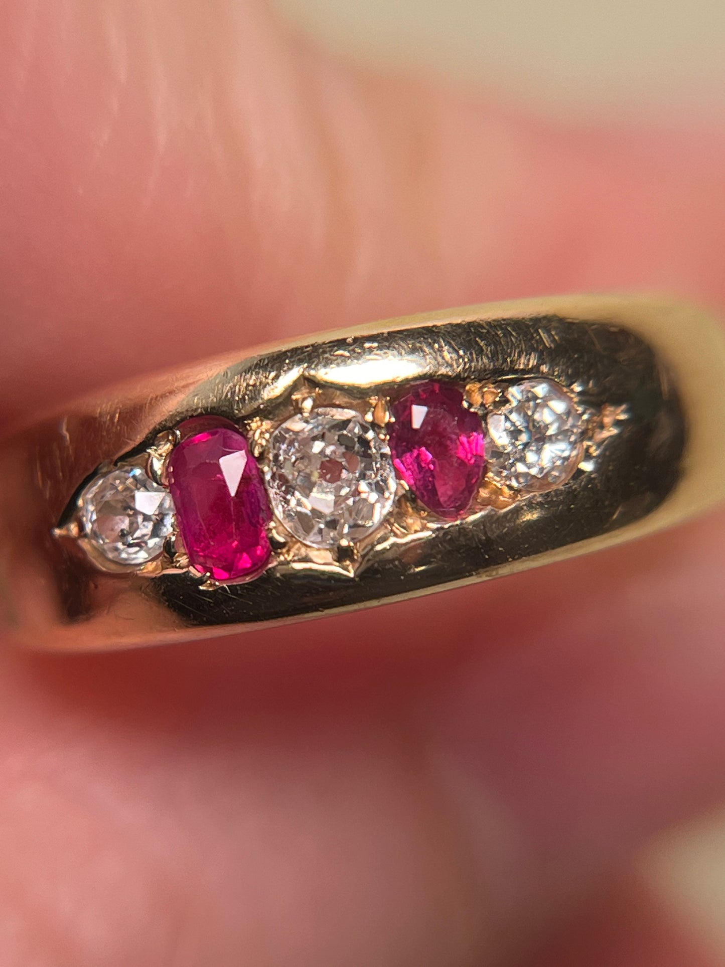 18K Victorian Five Stone Band with Diamonds and Rubies