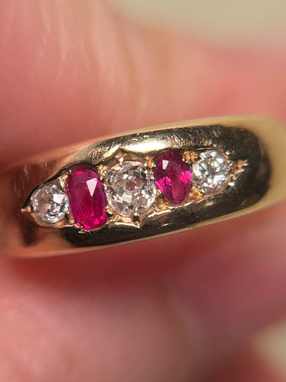18K Victorian Five Stone Band with Diamonds and Rubies