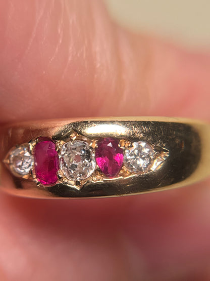 18K Victorian Five Stone Band with Diamonds and Rubies