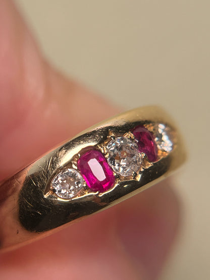 18K Victorian Five Stone Band with Diamonds and Rubies