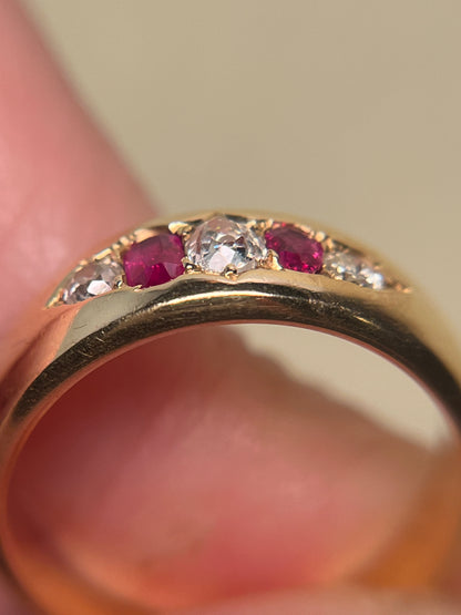 18K Victorian Five Stone Band with Diamonds and Rubies