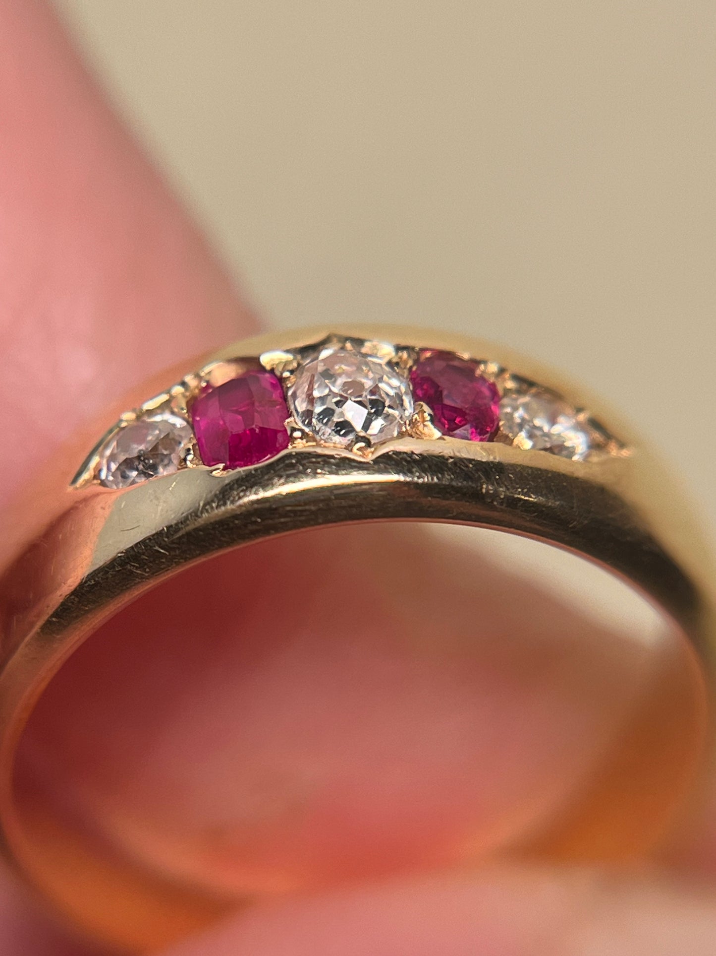 18K Victorian Five Stone Band with Diamonds and Rubies