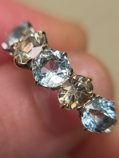 Antique Five Stone Ring with Old Cut Aquamarine and Chrysoberyl