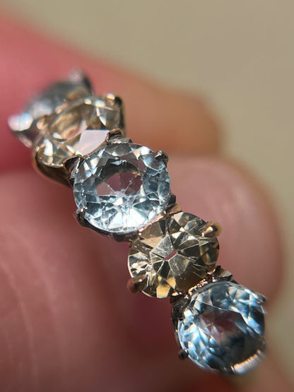 Antique Five Stone Ring with Old Cut Aquamarine and Chrysoberyl
