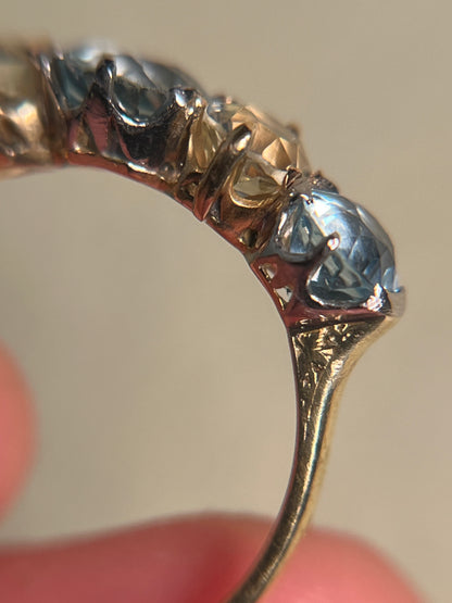 Antique Five Stone Ring with Old Cut Aquamarine and Chrysoberyl