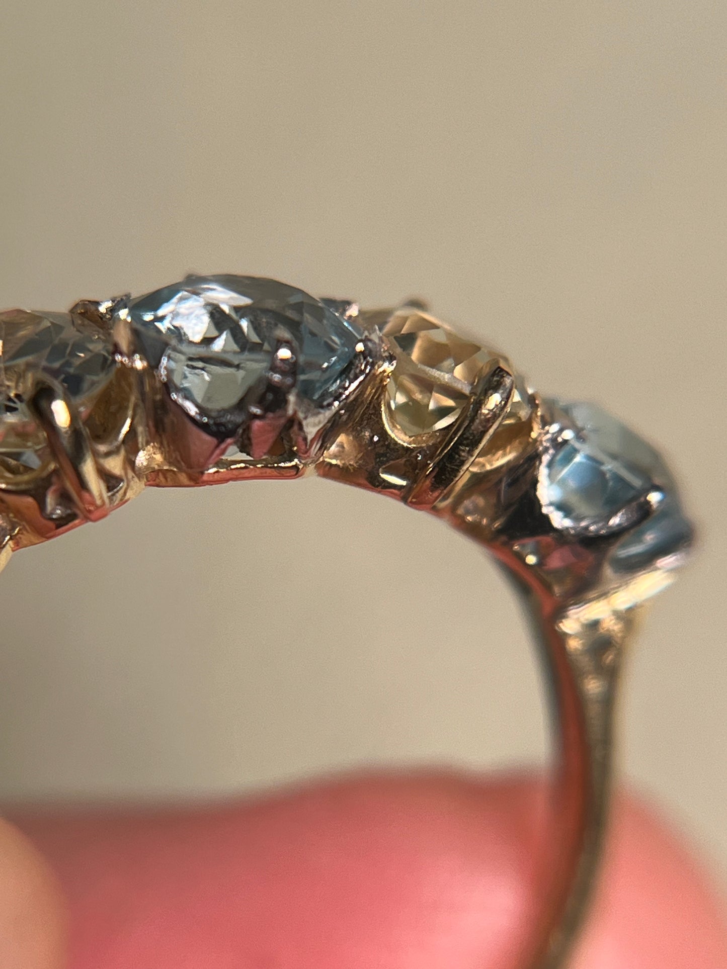 Antique Five Stone Ring with Old Cut Aquamarine and Chrysoberyl