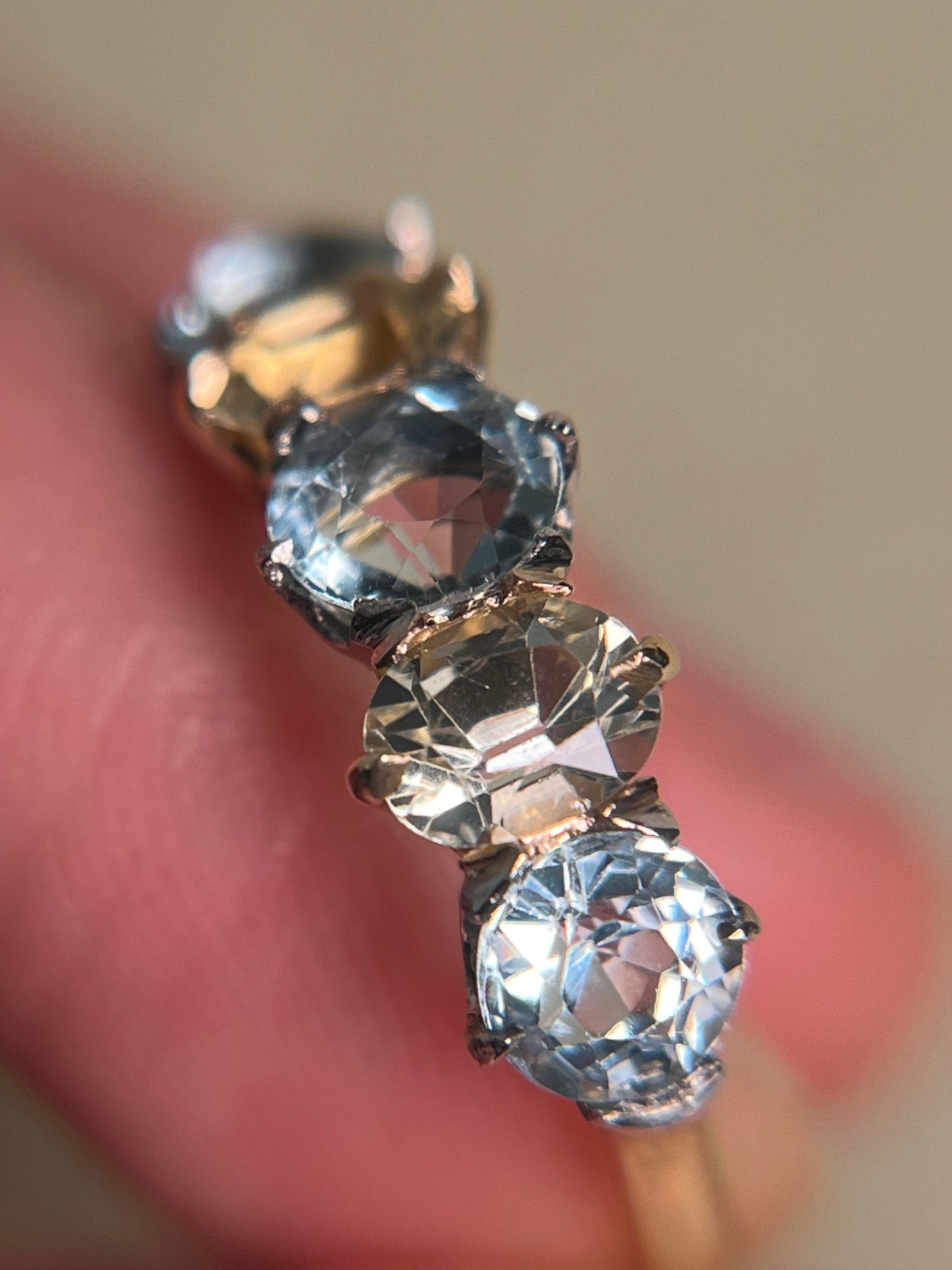 Antique Five Stone Ring with Old Cut Aquamarine and Chrysoberyl