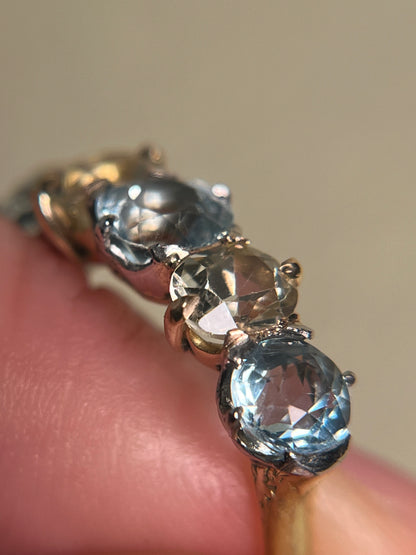 Antique Five Stone Ring with Old Cut Aquamarine and Chrysoberyl
