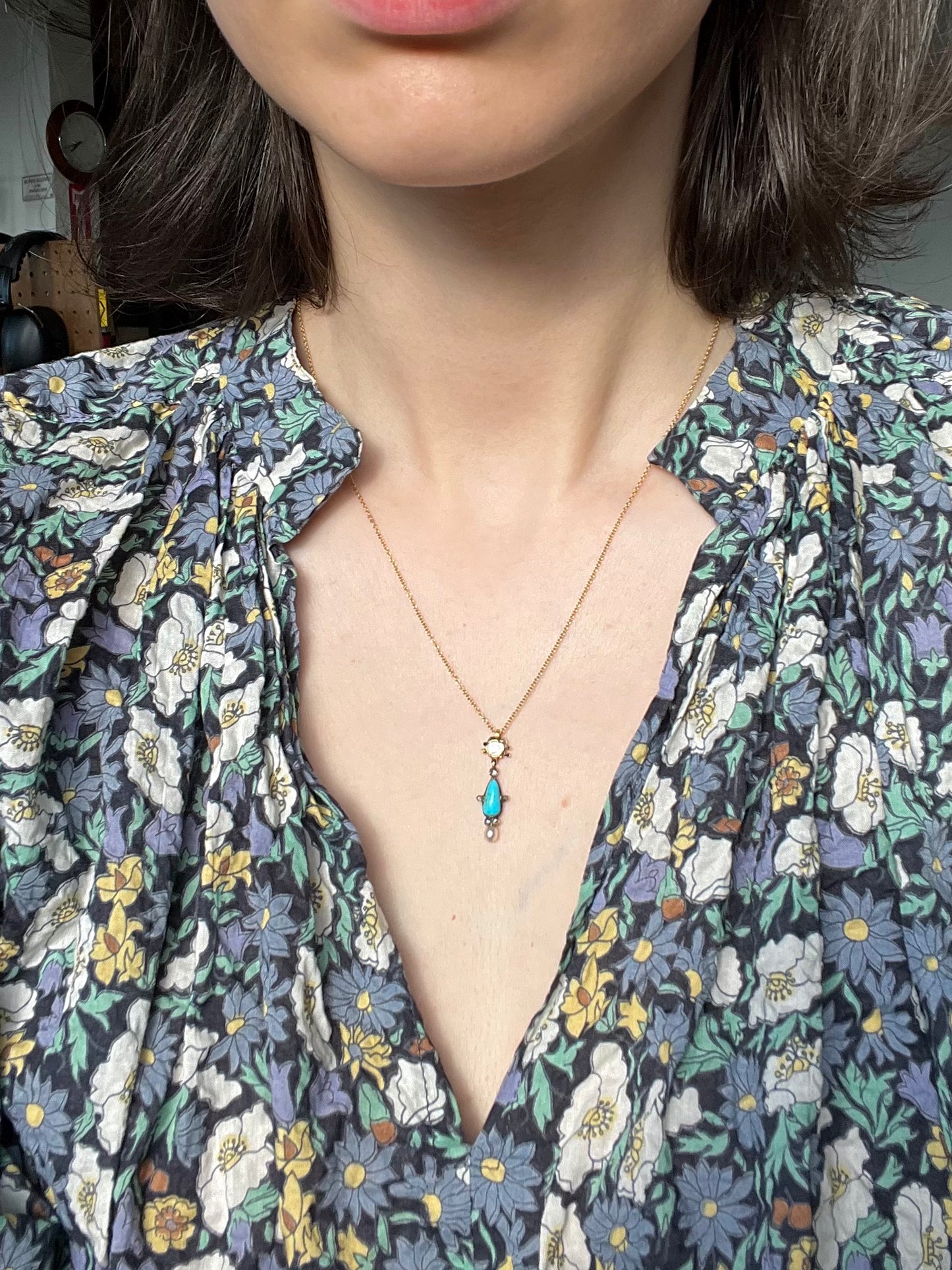 Victorian Turquoise and Old Mine Cut Diamond Pendant with Black Enamel and Natural Pearl on Gold Filled Chain