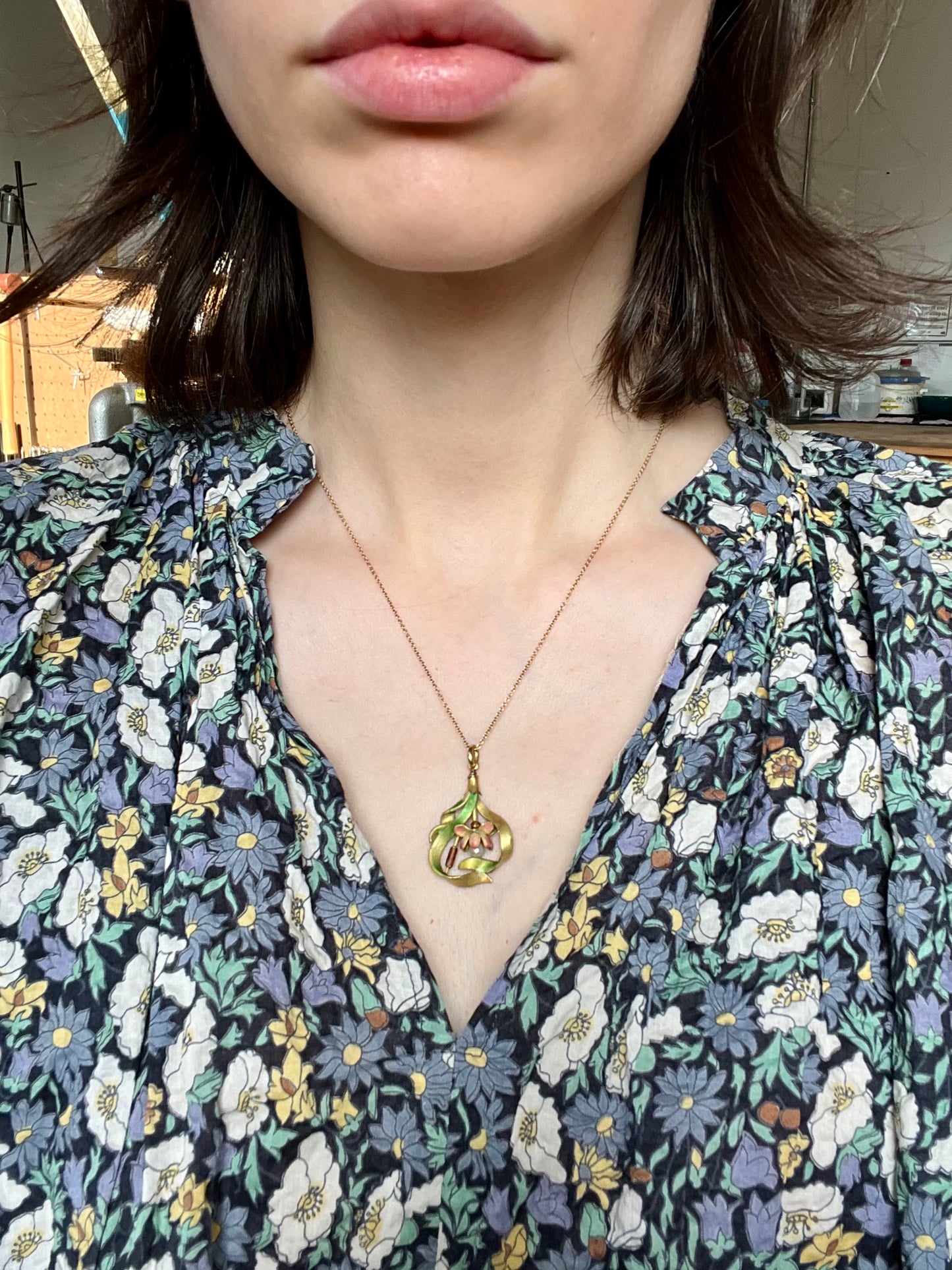 18K French Art Nouveau Lotus Pendant, Translucent Enamel and Natural Pearl