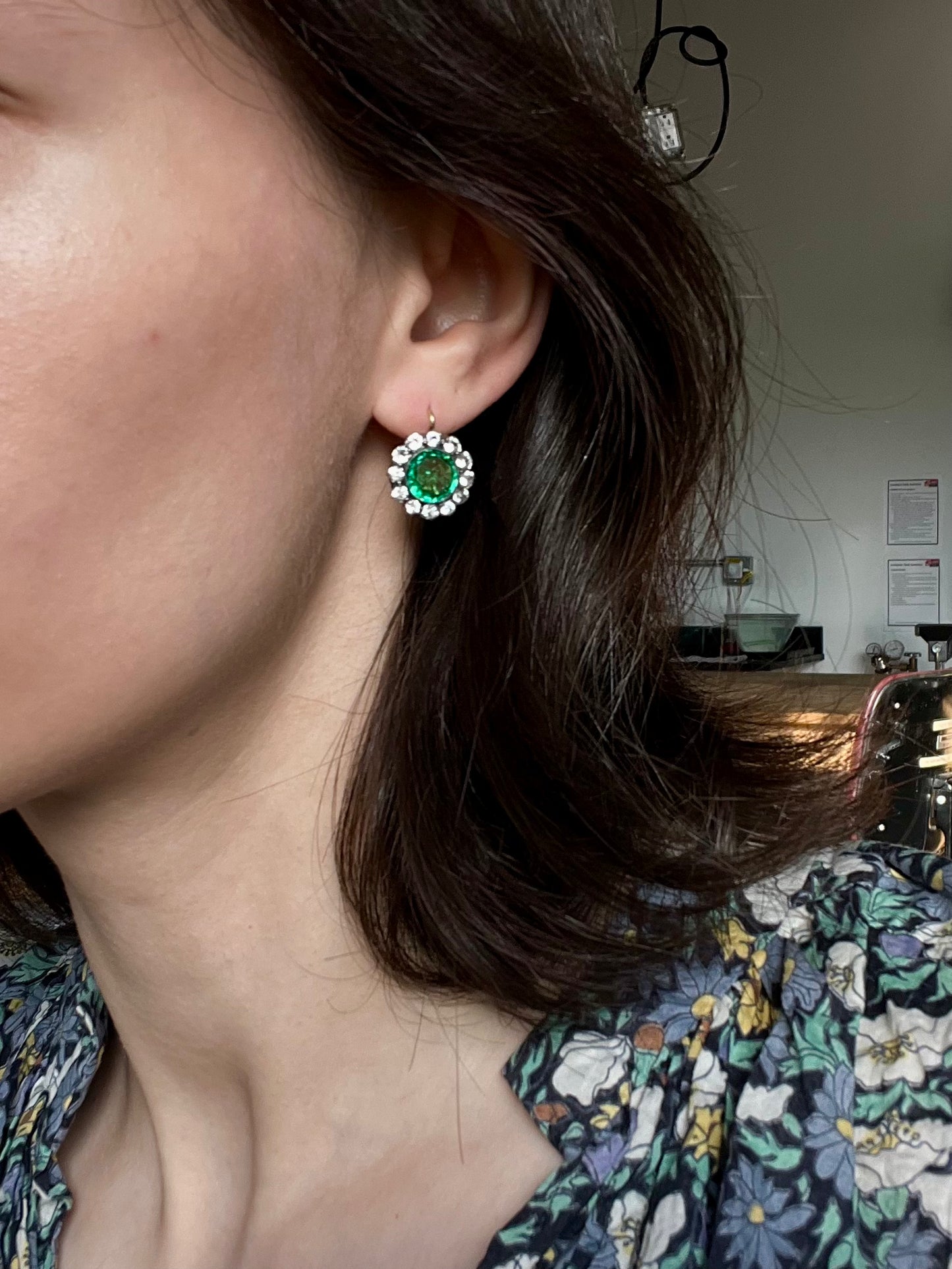 Vintage White Sapphire and Green Paste Cluster Earrings on 18K Wires * Chip