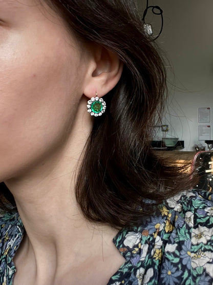 Vintage White Sapphire and Green Paste Cluster Earrings on 18K Wires * Chip